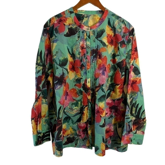 Floral Button Up Blouse Pleated Colorful Blue Pink Yellow Summer Long Sleeve Top - Picture 1 of 7